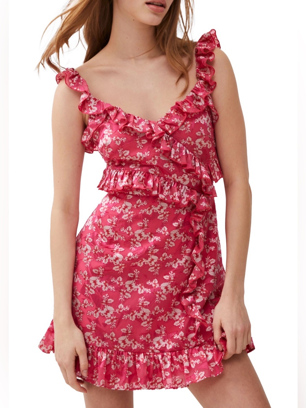 French Connection Pink Floral Ruffle Satin Mini Dress.